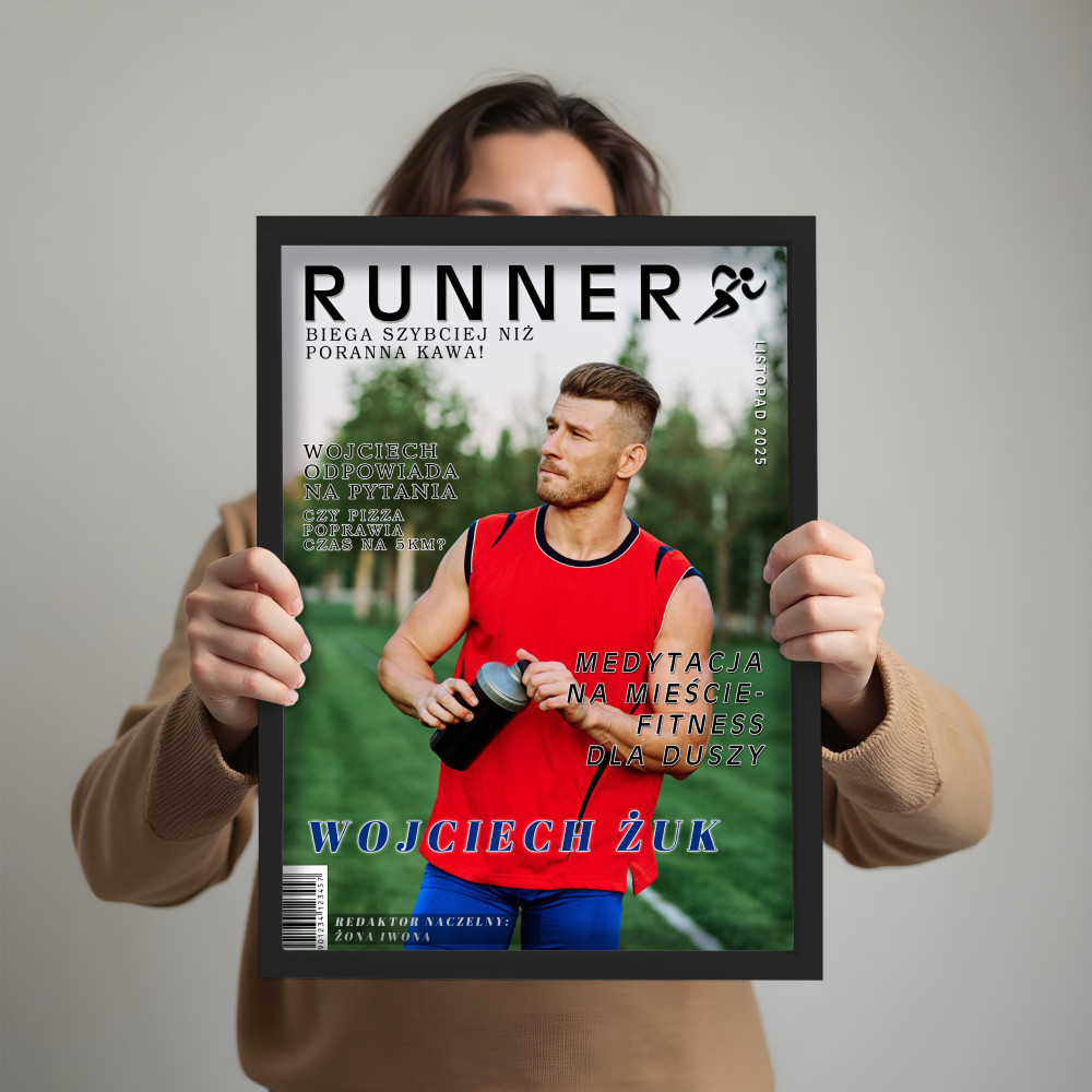 MAGAZYN BIEGACZA – Format A4 | Personalizowany plakat ze zdjęciem | Super prezent dla miłośnika biegania