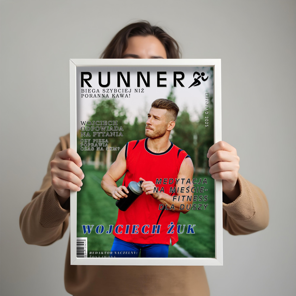 MAGAZYN BIEGACZA – Format A4 | Personalizowany plakat ze zdjęciem | Super prezent dla miłośnika biegania
