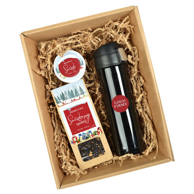 Zestaw świąteczny z logo firmy – kubek termiczny z grawerem, herbatka i miód w eleganckim boxie prezentowym Zestaw świąteczny z logo firmy – kubek termiczny z grawerem, herbatka i miód w eleganckim boxie prezentowym