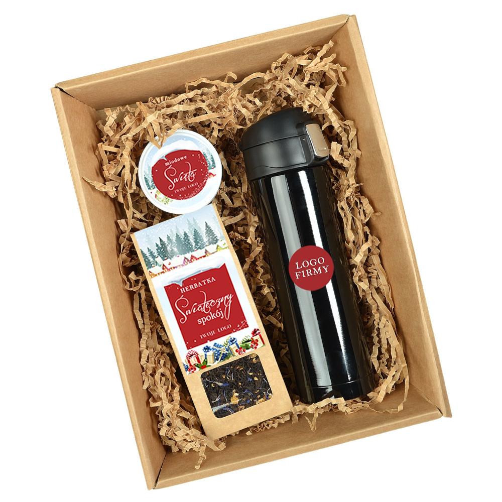 Zestaw świąteczny z logo firmy – kubek termiczny z grawerem, herbatka i miód w eleganckim boxie prezentowym