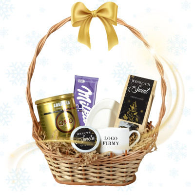 Zestaw świąteczny z logo firmy – filiżanka ze spodkiem, kawa, herbata, miód i czekolada w koszu prezentowym