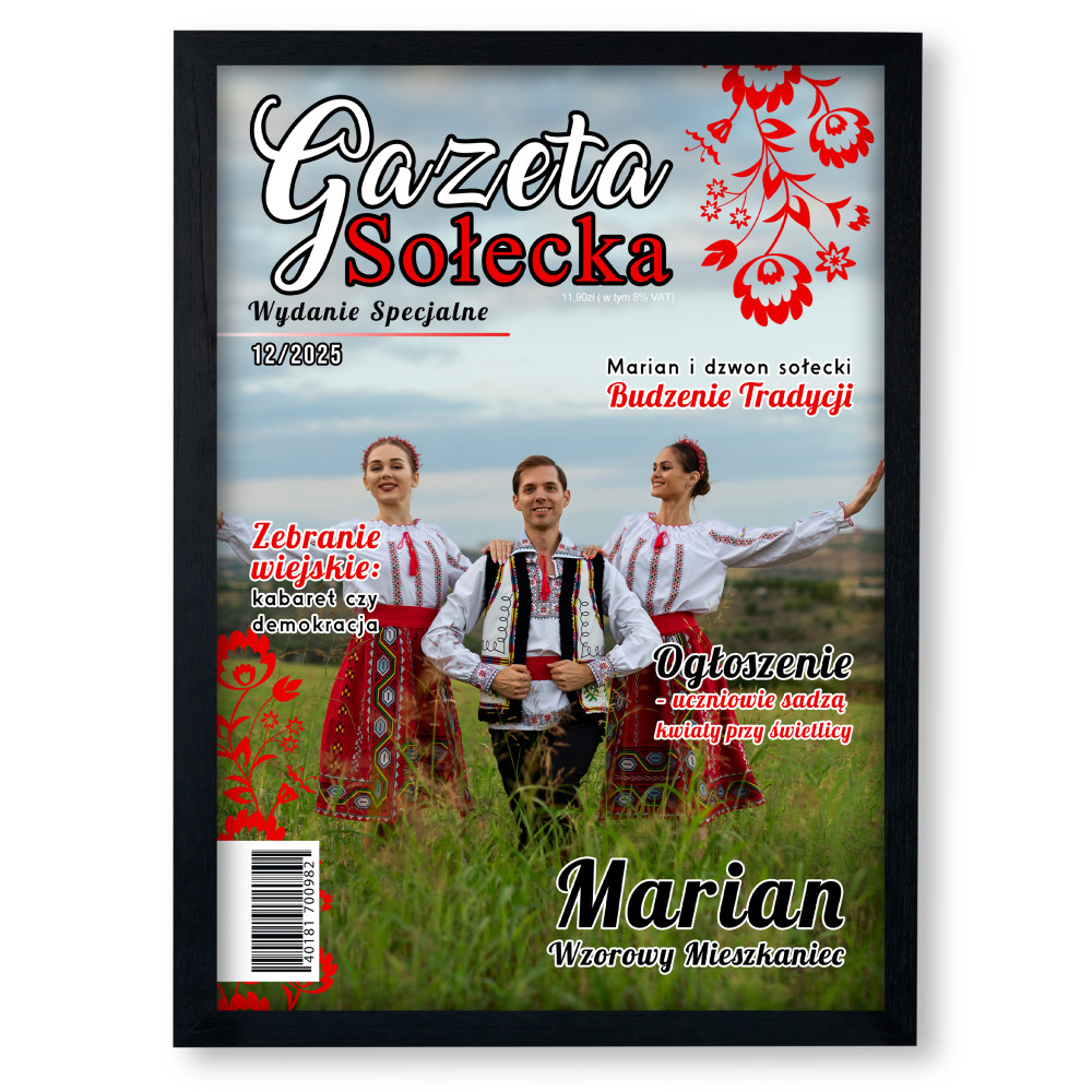 Personalizowany plakat „Gazeta Sołecka” ze zdjęciem – oryginalny prezent w wiejskim klimacie