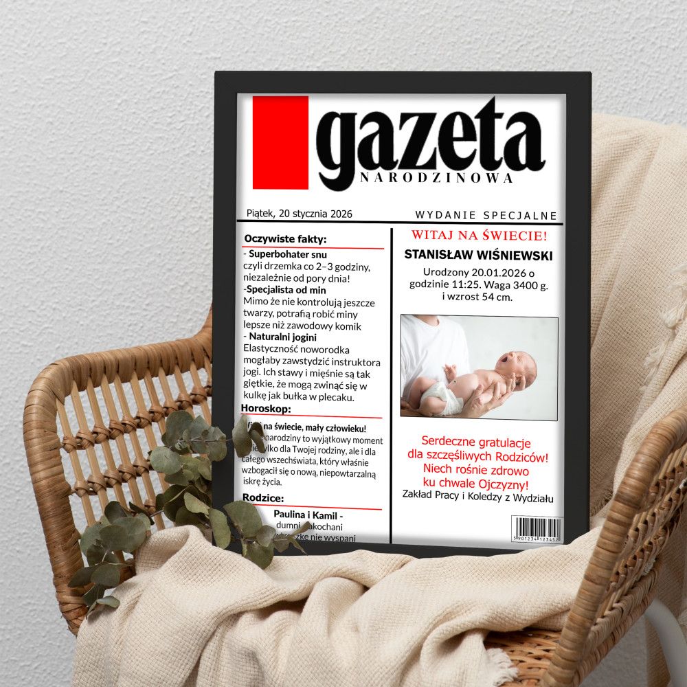 Personalizowany plakat „Gazeta Narodzinowa” ze zdjęciem – wyjątkowa pamiątka narodzin dziecka