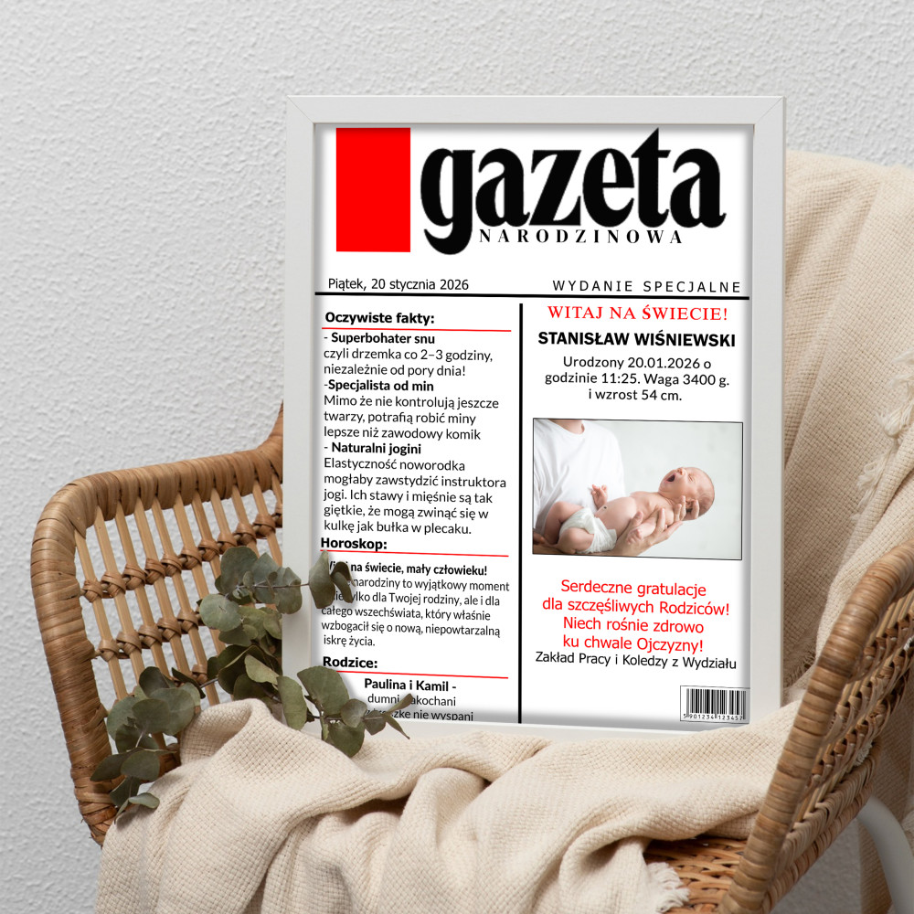 Personalizowany plakat „Gazeta Narodzinowa” ze zdjęciem – wyjątkowa pamiątka narodzin dziecka
