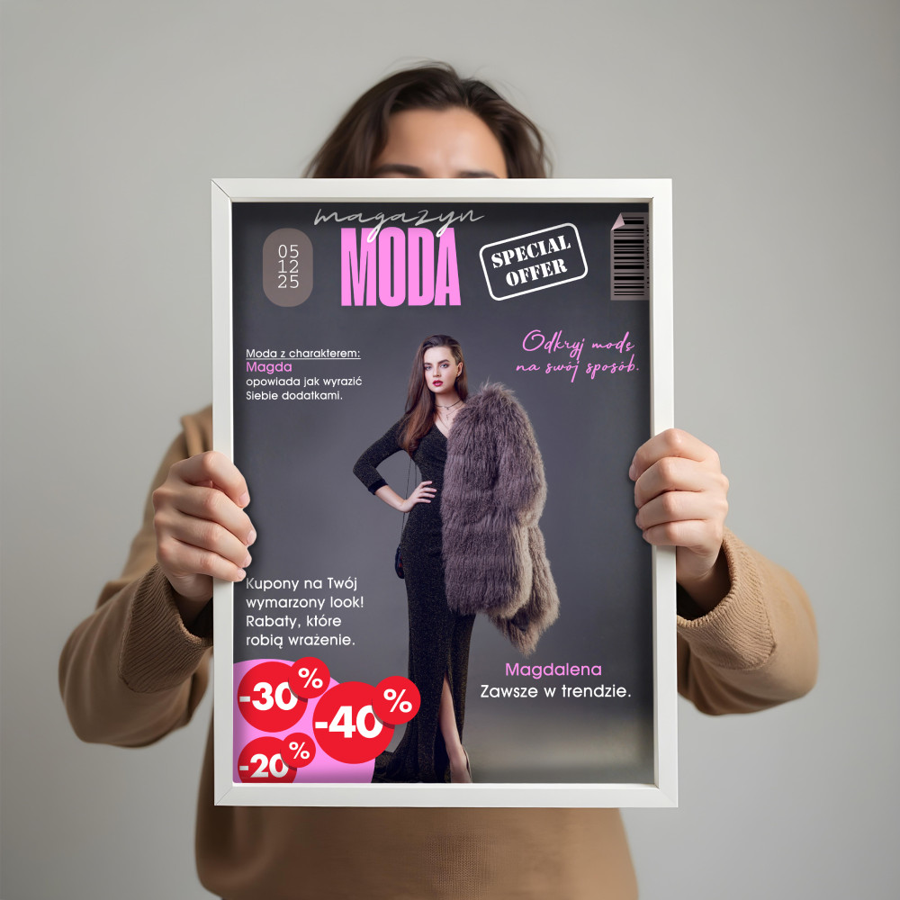Personalizowany plakat „Magazyn MODA” ze zdjęciem – wyjątkowa okładka dla kobiety z klasą