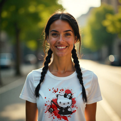 Koszulka z Nadrukiem Goth | Gotycka Hello Kitty w Mrocznym Stylu