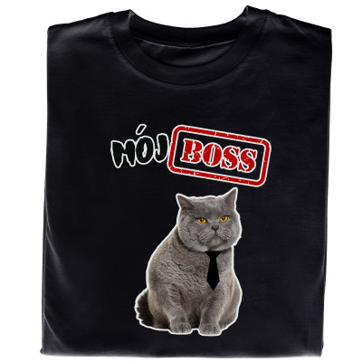 Koszulka z Nadrukiem „Mój Boss Kot” – Śmieszna, Humorystyczna | Idealny Prezent