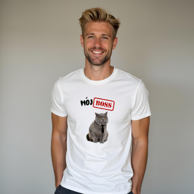 Koszulka z Nadrukiem „Mój Boss Kot” – Śmieszna, Humorystyczna | Idealny Prezent