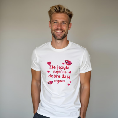 Koszulka z Nadrukiem „Złe Języki Obgadują, Dobre Dają Orgazm” – Śmieszna i Odważna