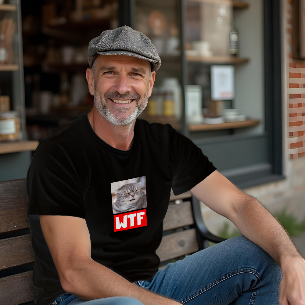 Koszulka z Nadrukiem „Kot WTF Meme” – Śmieszna Grafika, Idealny Prezent