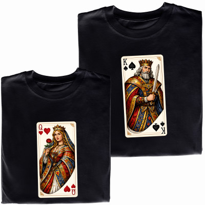 Koszulki dla Par – „Queen & King” Karty – Stylowy Prezent dla Zakochanych