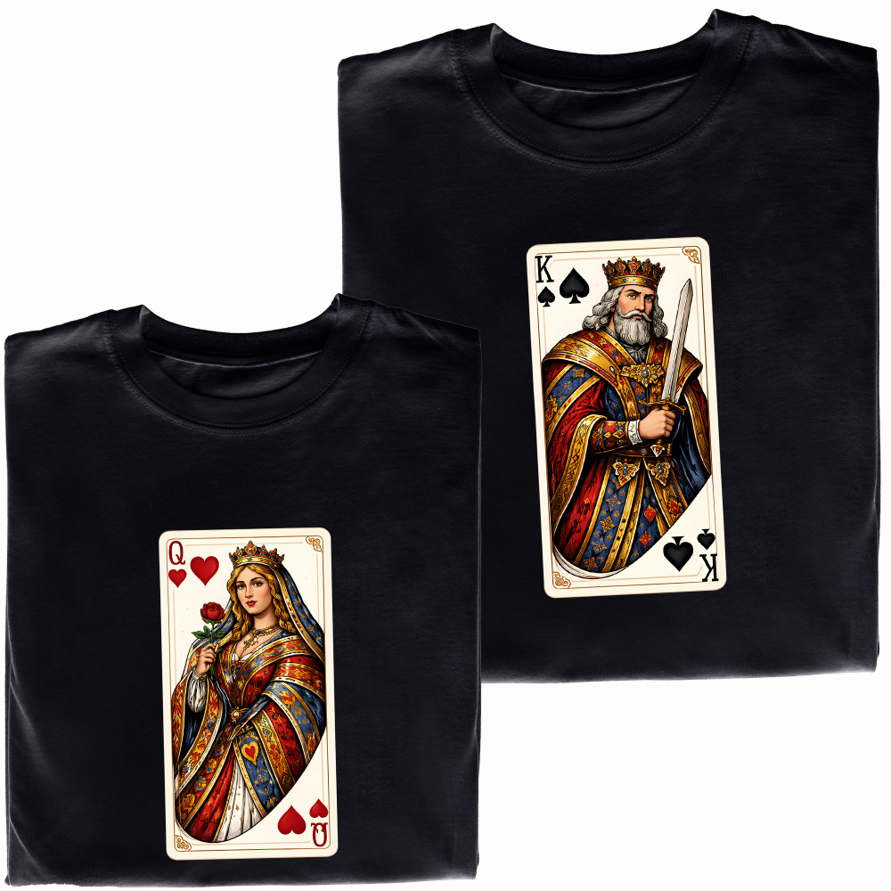 Koszulki dla Par – „Queen & King” Karty – Stylowy Prezent dla Zakochanych