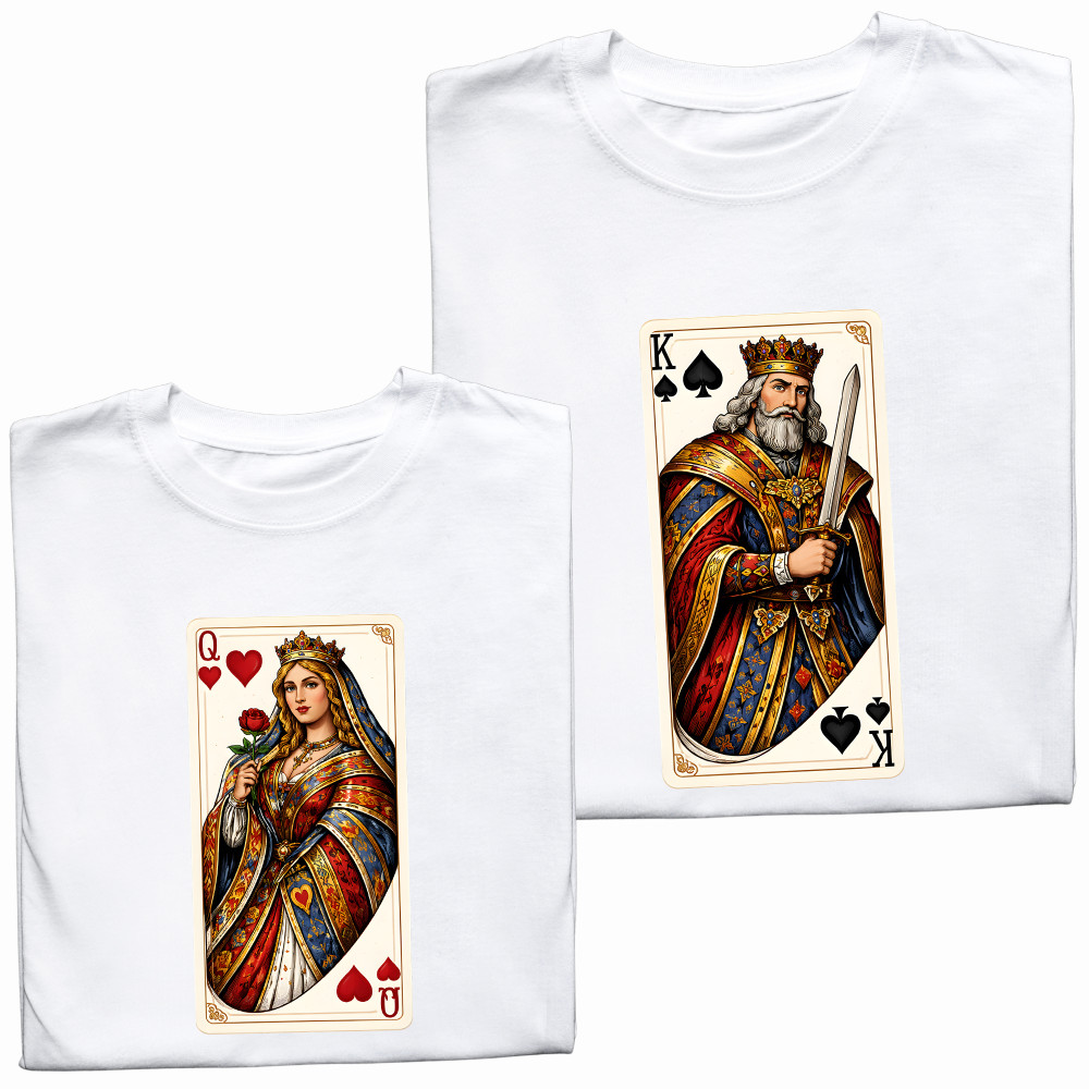 Koszulki dla Par – „Queen & King” Karty – Stylowy Prezent dla Zakochanych