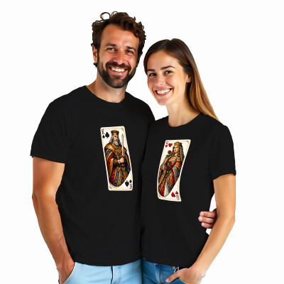 Koszulki dla Par – „Queen & King” Karty – Stylowy Prezent dla Zakochanych