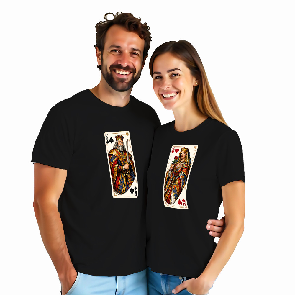 Koszulki dla Par – „Queen & King” Karty – Stylowy Prezent dla Zakochanych