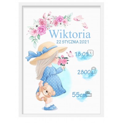 Metryczka A4+ramka Narodziny Chrzest Urodziny