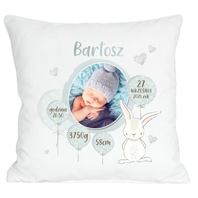 Poduszka ze zdjęciem metryczka królik