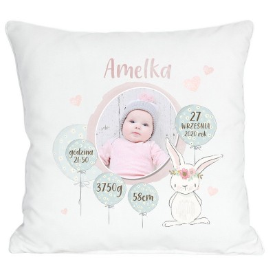 Poduszka ze zdjęciem metryczka królik