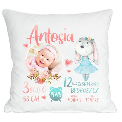 PODUSZKA ZE ZDJĘCIEM METRYCZKA CHRZEST URODZINY