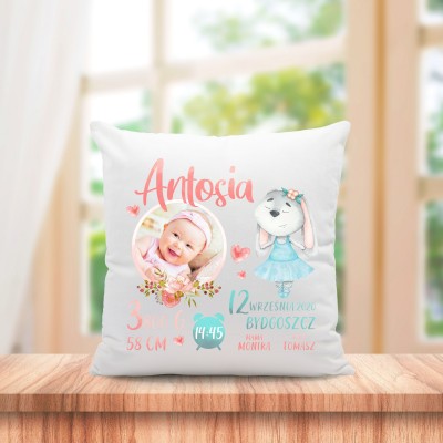 PODUSZKA ZE ZDJĘCIEM METRYCZKA CHRZEST URODZINY