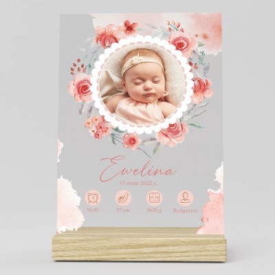 Metryczka ze zdjęciem na szkle akrylowym dla dziewczynki