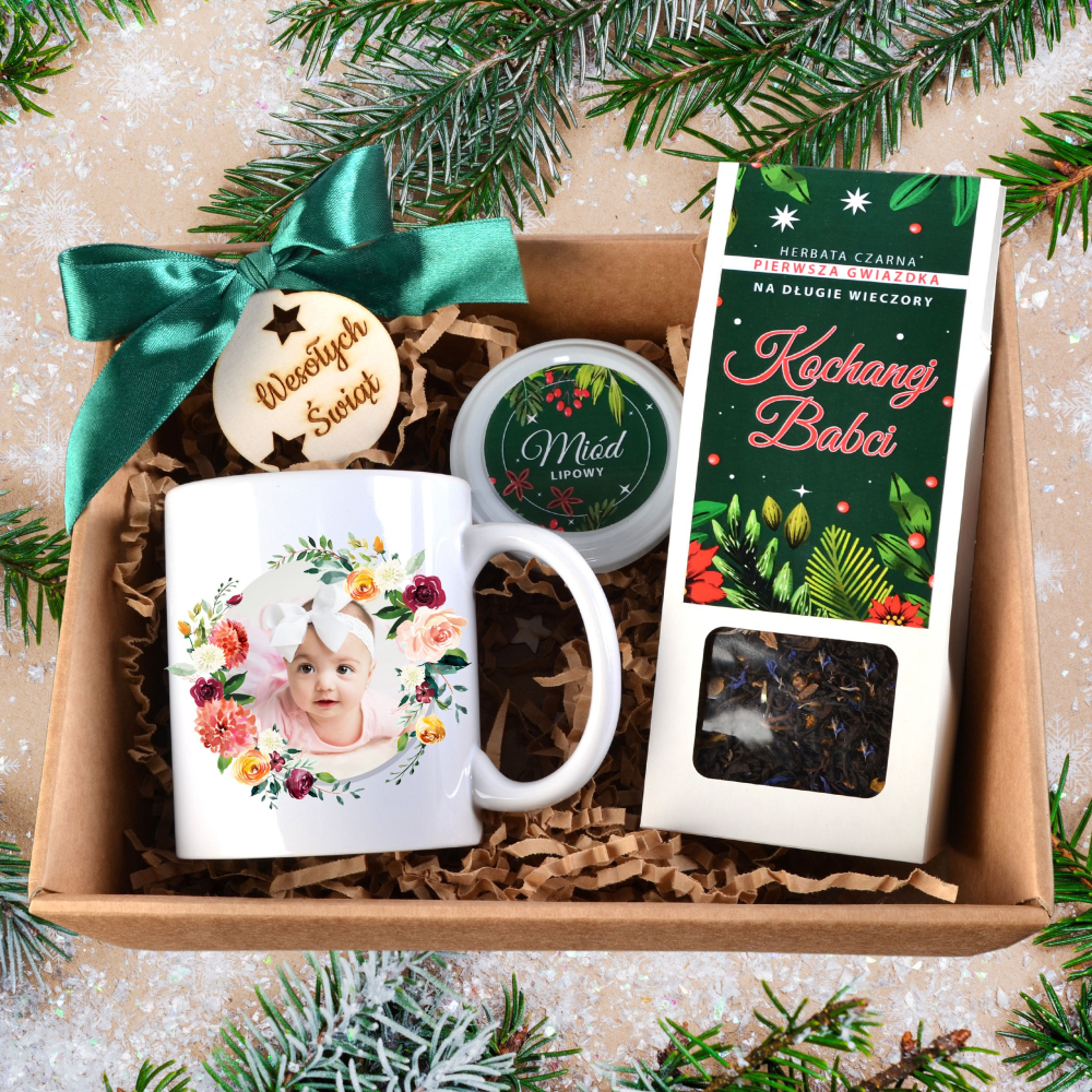 Personalizowany kubek dla Babci ze zdjęciem – zestaw prezentowy z herbatką i miodem