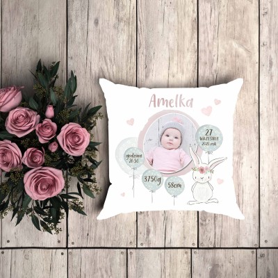 Poduszka ze zdjęciem metryczka królik