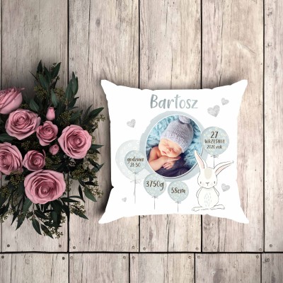 Poduszka ze zdjęciem metryczka królik