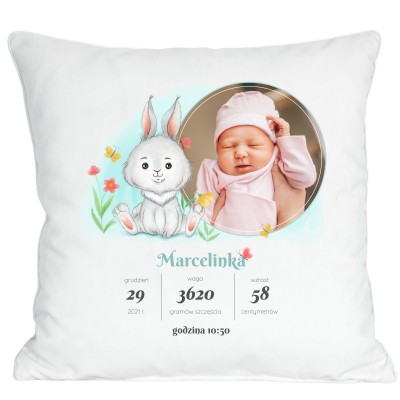 Poduszka ze zdjęciem i metryczką narodzin