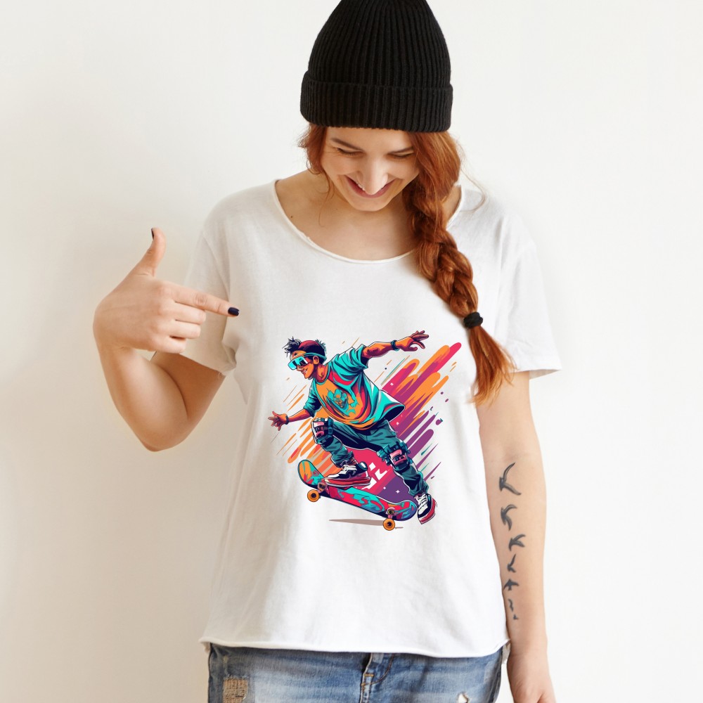 Koszulka z nadrukiem sportowca na deskorolce | Styl streetwear