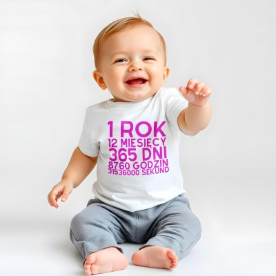 Koszulka na Roczek dla Dziewczynki – „1 Rok, 12 Miesięcy, 365 Dni, 8760 Godzin”