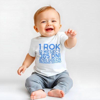 Koszulka na Roczek dla Chłopca – „1 Rok, 12 Miesięcy, 365 Dni, 8760 Godzin