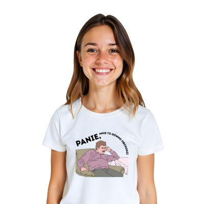 Koszulka z nadrukiem – Śmieszna grafika i napis "PANIE, MNIE TO G***O OBCHODZI"