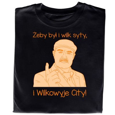 Koszulka z nadrukiem „Żeby był i wilk syty, i Wilkowyje City” Koszulka z nadrukiem „Żeby był i wilk syty, i Wilkowyje City”