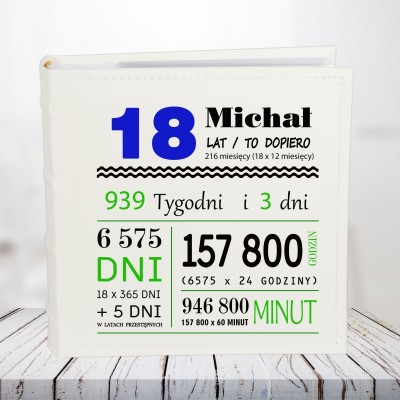 Personalizowany album na 18. urodziny dla chłopaka – z imieniem i liczbą przeżytych chwil Personalizowany album na 18. urodziny dla chłopaka – z imieniem i liczbą przeżytych chwil