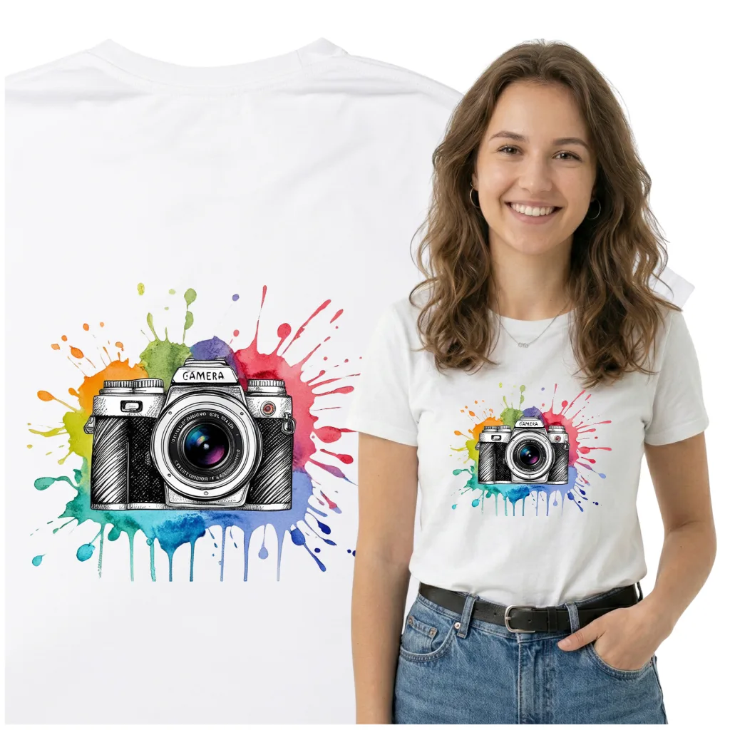 Koszulka z Aparatem – Kolorowa Grafika dla Fotografa i Miłośnika Zdjęć