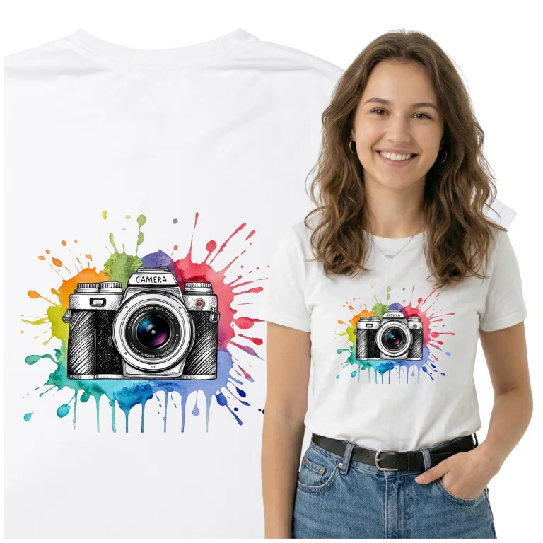 Koszulka z Aparatem – Kolorowa Grafika dla Fotografa i Miłośnika Zdjęć