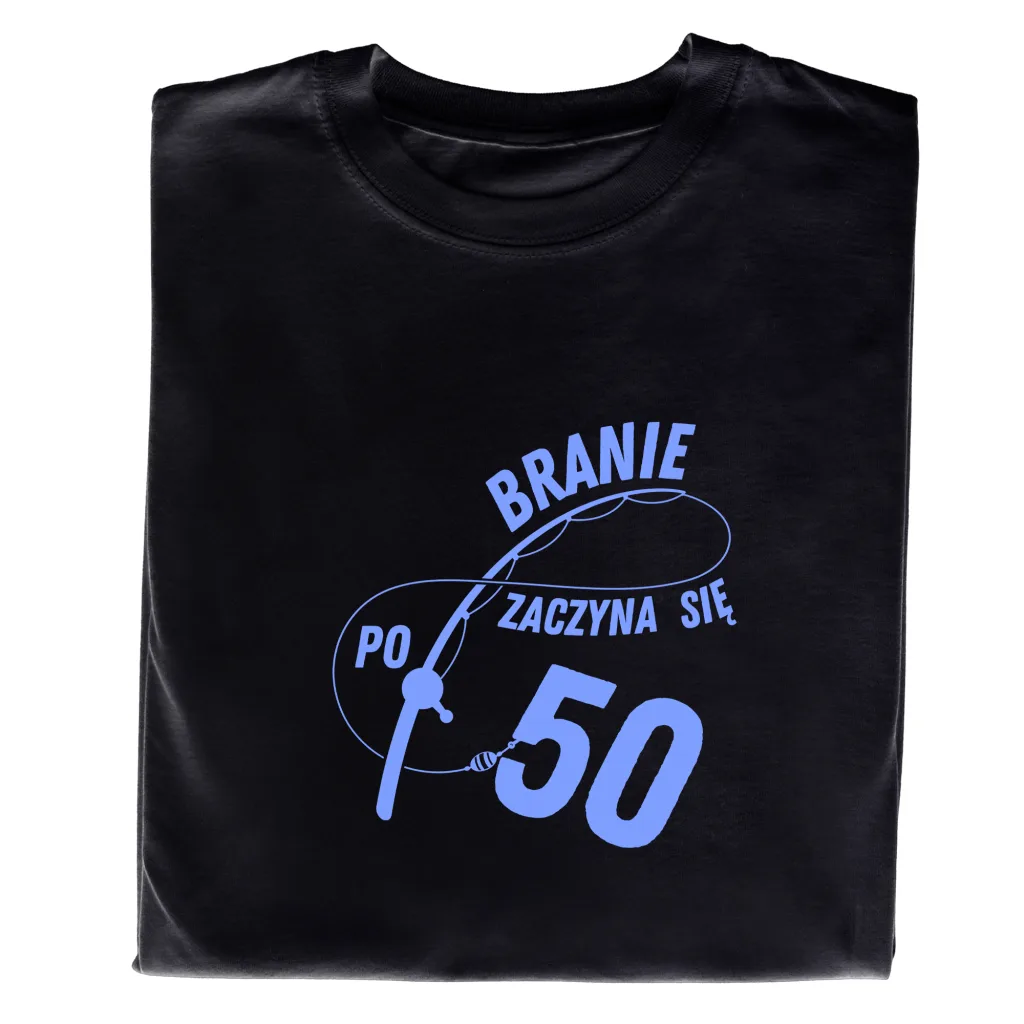 Koszulka na 50 Urodziny dla Wędkarza „Branie Zaczyna się po 50”