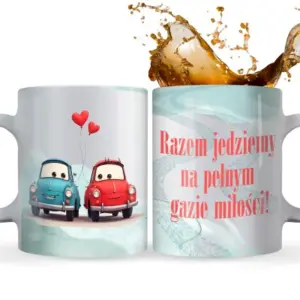 Kubek „Razem jedziemy na pełnym gazie miłości” – prezent dla pary z humorem i sercem