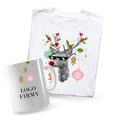 Zestaw świąteczny z logo firmy – personalizowany kubek i koszulka z nadrukiem