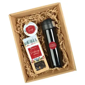 Zestaw świąteczny z logo firmy – kubek termiczny z grawerem, herbatka i miód w eleganckim boxie prezentowym
