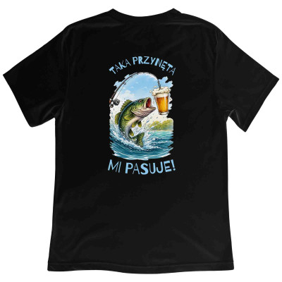 Koszulka z nadrukiem „Piwo – taka przynęta mi pasuje” – śmieszny prezent dla wędkarza