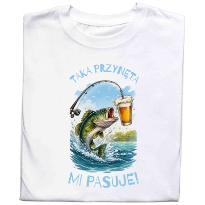 Koszulka z nadrukiem „Piwo – taka przynęta mi pasuje” – śmieszny prezent dla wędkarza