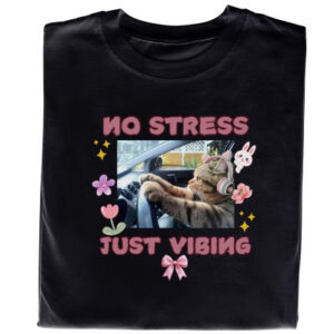 Koszulka z nadrukiem „Kot – No Stress, Just Vibing” – śmieszny prezent