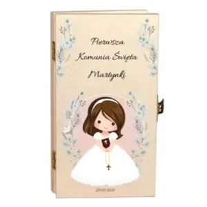 Drewniane pudełko na pieniądze Pierwsza Komunia Święta