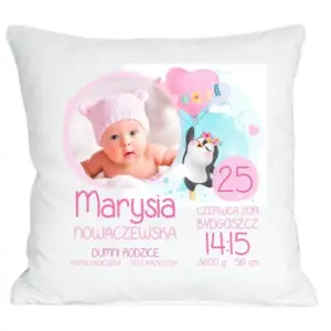 PODUSZKA ZE ZDJĘCIEM METRYCZKA CHRZEST URODZINY