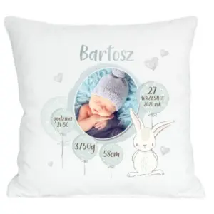 Poduszka ze zdjęciem metryczka królik