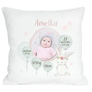 Poduszka ze zdjęciem metryczka królik