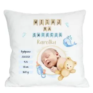 Poduszka ze zdjęciem na urodziny, roczek, chrzest - metryczka