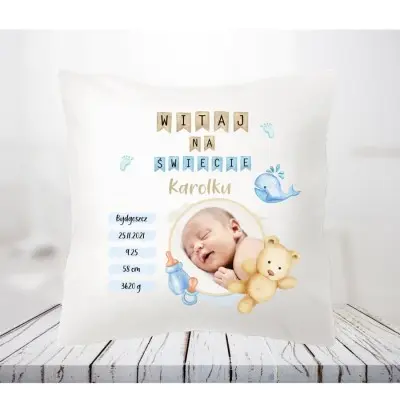 Poduszka ze zdjęciem na urodziny, roczek, chrzest - metryczka